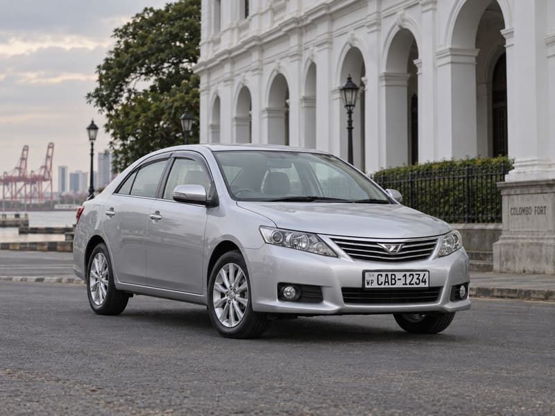 Silver Toyota Allion sedan parked outside the colonial arcade at Colombo Fort.