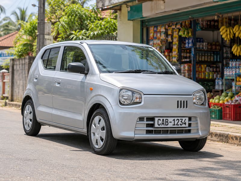 Silver Suzuki Alto parked on a Sri Lankan village street beside a corner shop.
