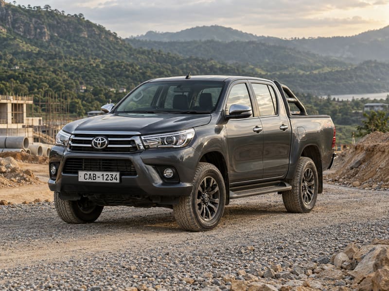 Grey Toyota Hilux double cab 4x4 on a gravel track in the Sri Lankan hill country.