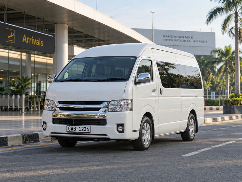 White Toyota KDH high-roof van waiting outside Arrivals at Bandaranaike International Airport.