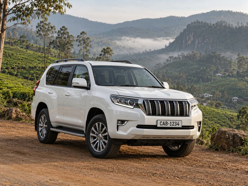 White Toyota Land Cruiser Prado parked above misty tea plantations in the hill country.