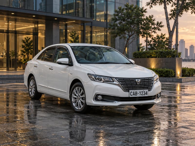 White Toyota Premio sedan on wet paving outside a lit glass building at dusk.