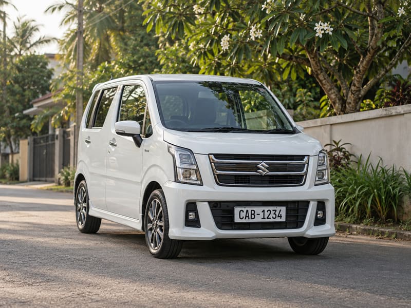 White Suzuki WagonR hybrid parked on a quiet suburban road under a frangipani tree.