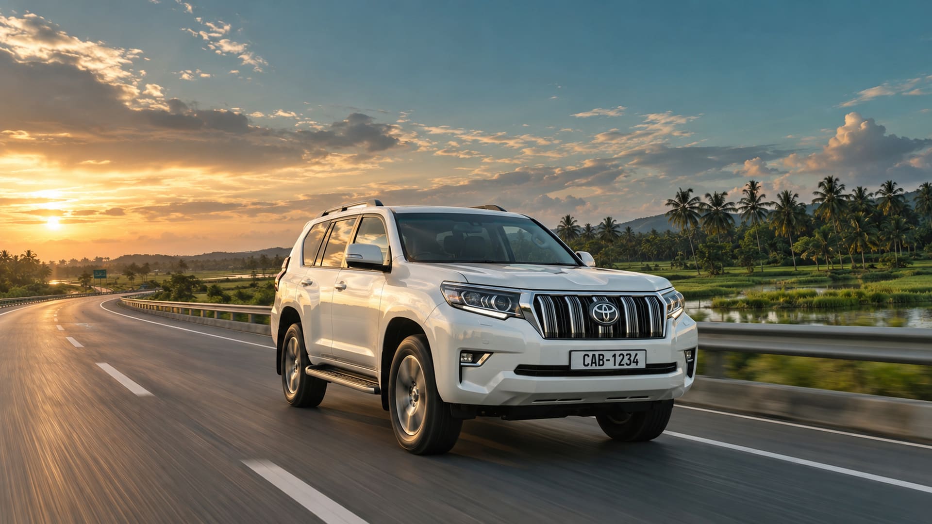 A white Toyota Land Cruiser Prado on a Sri Lankan highway at sunset, with paddy fields and coconut palms alongside.